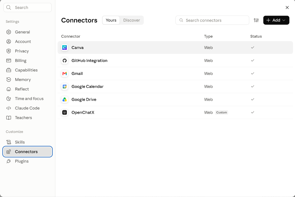 Claude Settings Connectors showing OpenChatX connected successfully